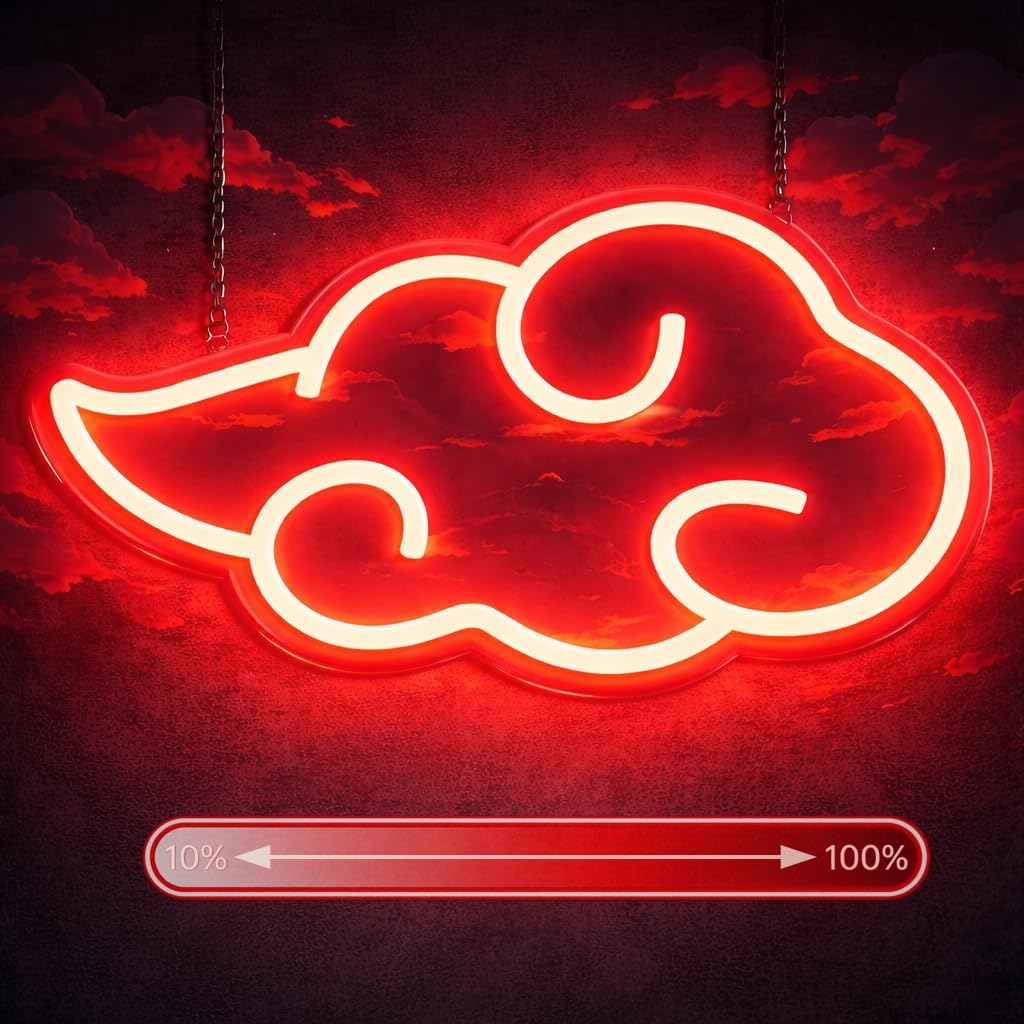 Red Cloud Neon Light, Anime Style Aesthetic LED Wall Decor, Dimmable USB Neon Sign for Bedroom, Gaming Room & Mood Lighting with Hanging Chain