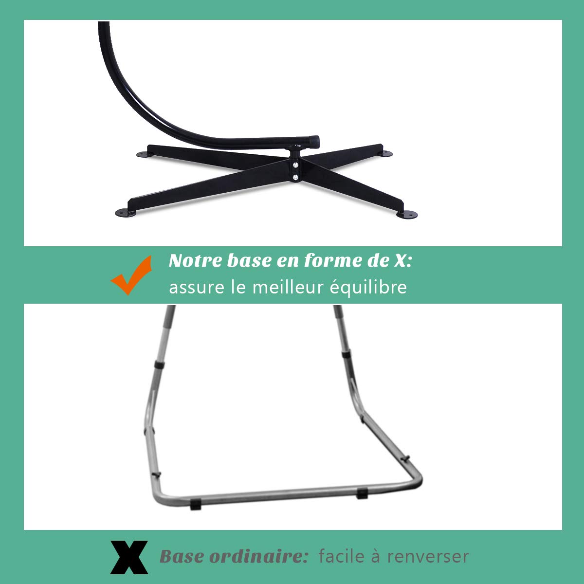 RELAX4LIFE Support Fauteuil Suspendu Pied de Hamac en Acier Robuste Revêtu en Noir Capacité Max 150KG Dimension 112x79x205CM
