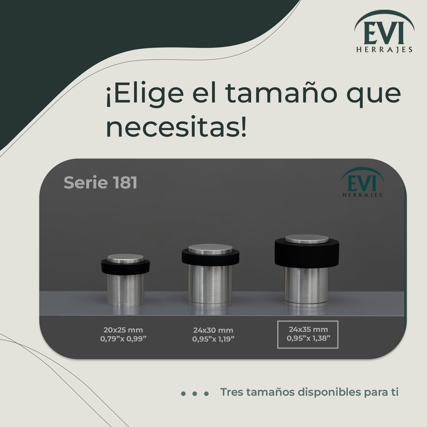 EVI Herrajes | Pack 2 Topes de Puerta | Ø24x35mm | Acero Inoxidable | Goma Negra | Incluye Tornillo + Taco de Sujeción | Mod. I-18124X35-CB