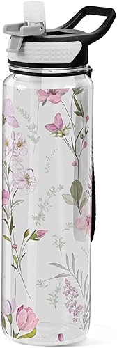 Botella de agua con diseño floral lindo con tapa de pajilla, 32 onzas, a prueba de fugas, botellas de agua transparentes para gimnasio, para mujeres