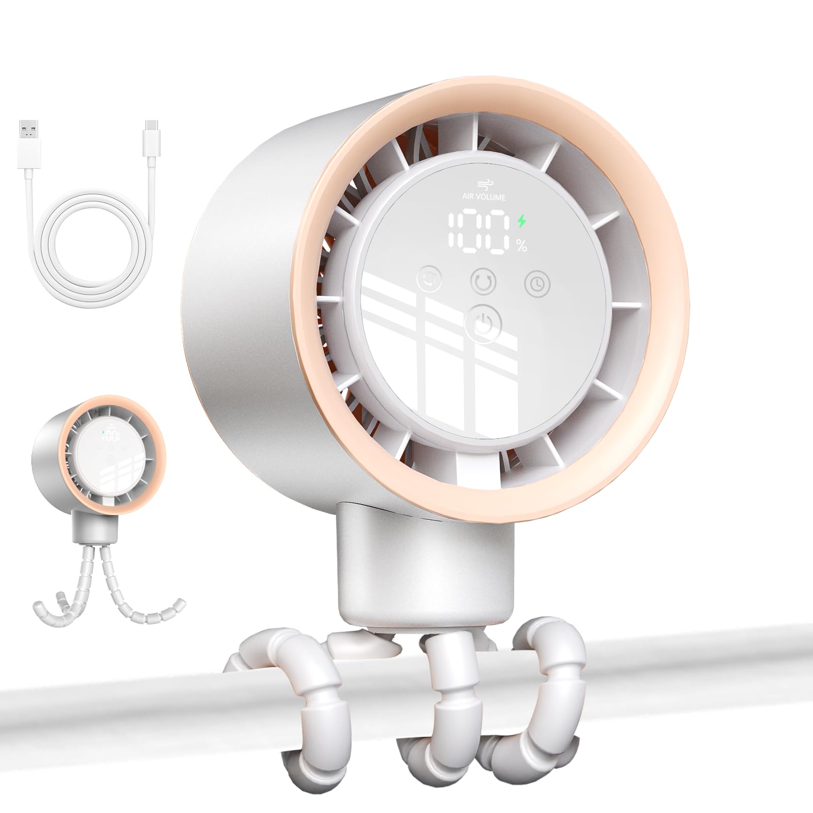 Portable Turbo Stroller Fan with Auto Oscillation &amp; Timer, Rechargeable Clip-On Baby Fan, 10H Runtime, 100-Speed Touch Screen LED Display, 360° Adjustable for Stroller Car Seat Crib Nursery Travel