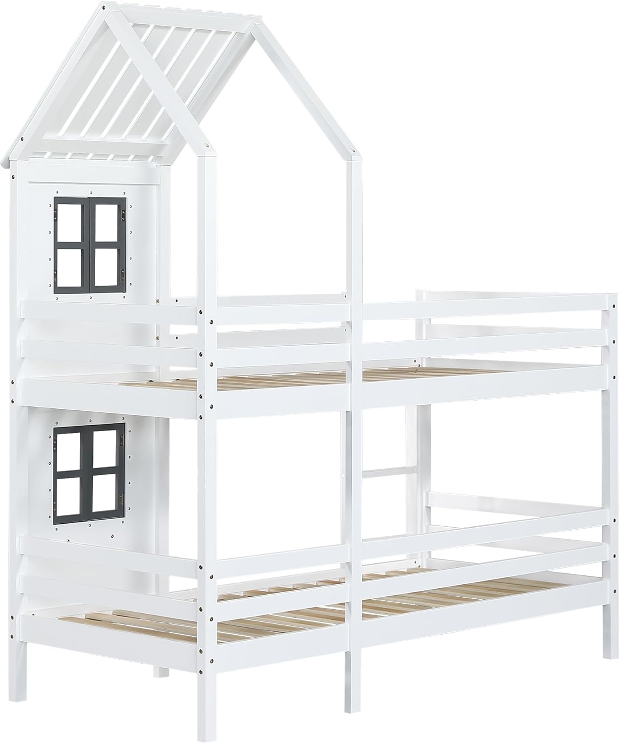 Side view of the ModernLuxe Children's Bunk Bed Model 0504, showing the full structure of the bunk bed and the house-shaped section.