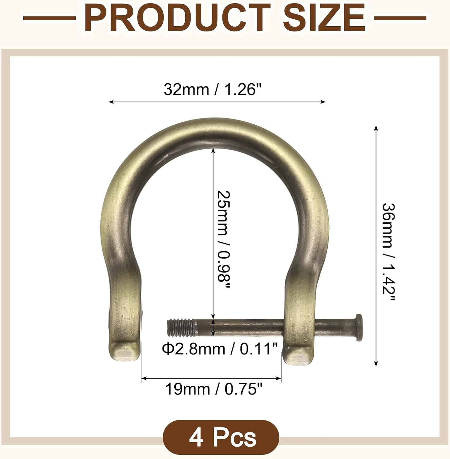 uxcell 4Pcs Screw in Shackle Horseshoe D-Ring, 19mm(3/4 Inch) Key Holder U-Shape Ring Buckle, Purse Strap Accessories for DIY Leather Craft Keychain, Bronze - Image 2