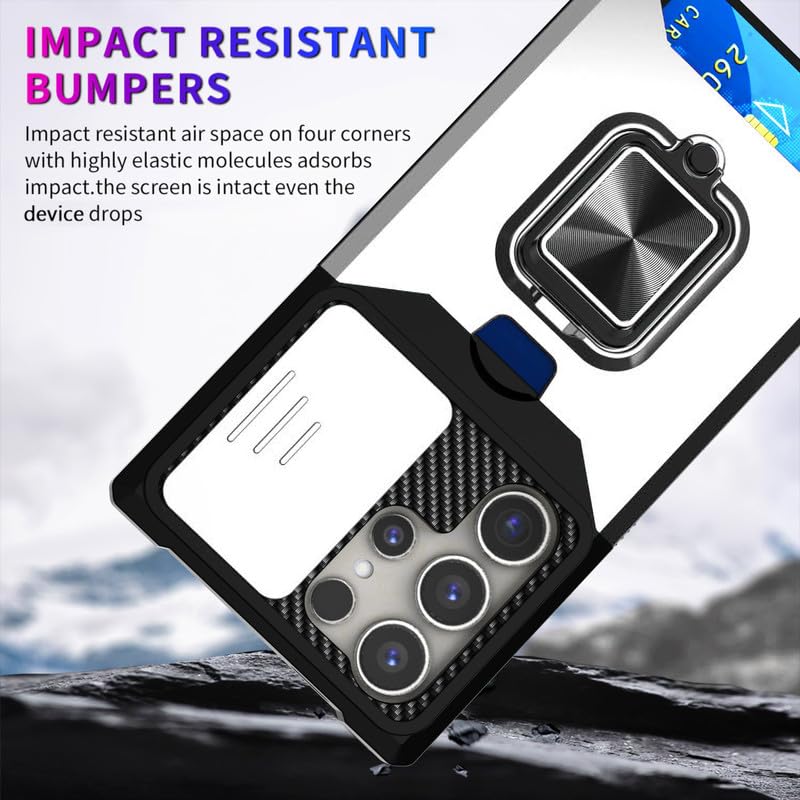 Image of LuxuryKase Shockproof Armor Case for Samsung Galaxy S24 Ultra | Slide Camera Cover | Hidden Card Slot | Rotating Ring Kickstand | Magnetic Car Mount Support | Military Grade Protection - White