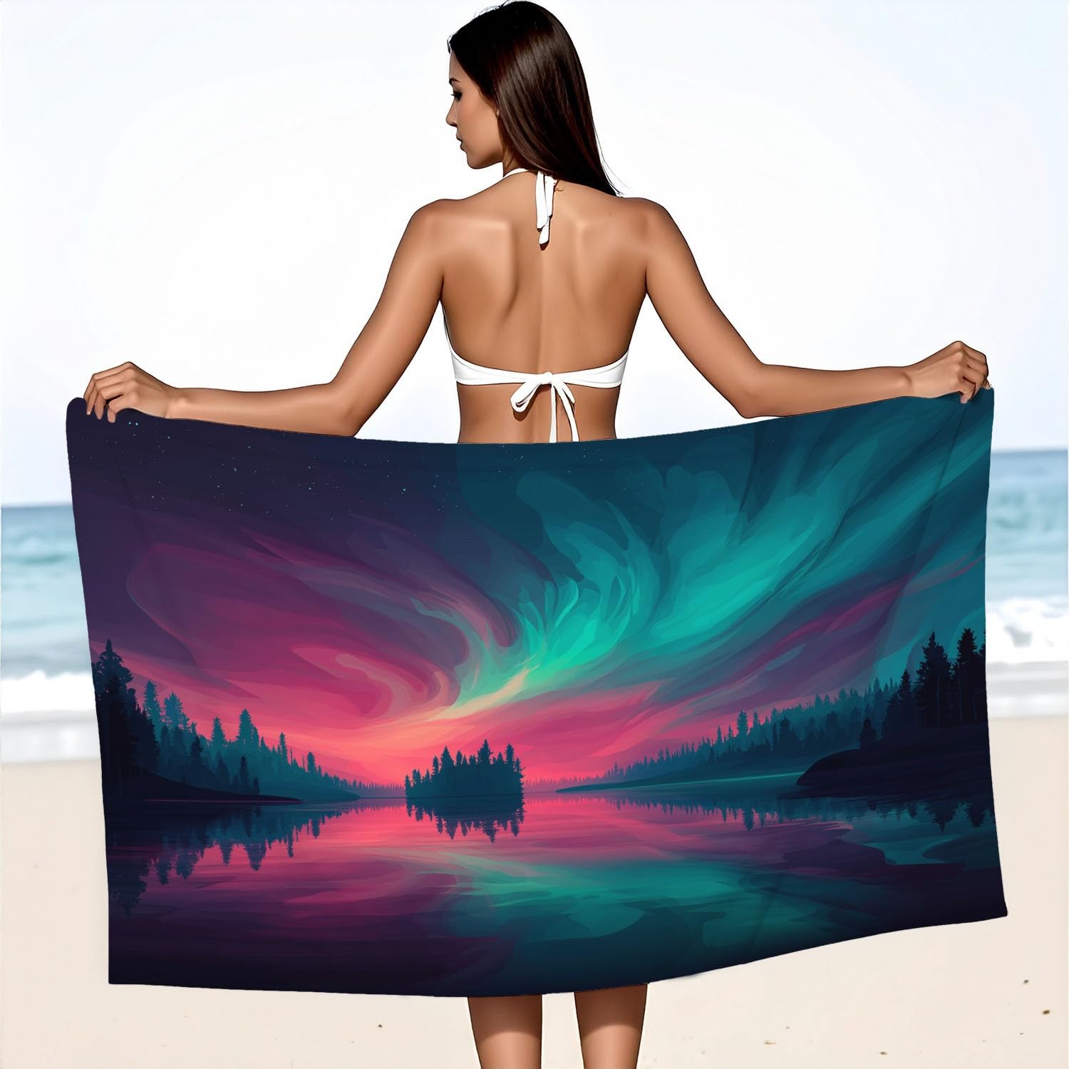 Générique Serviette de Plage Microfibre 230 x 210 CM,Drap de Plage Ciel Étoilé, Magique, Naturel, Paysage, Couverture de Plage Absorbante,Couverture de Bain Aurore Vibrante, Ciel Nocturne
