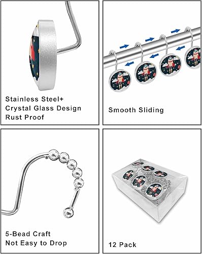 Miniatura 7 de Ganchos para cortina de ducha, temática espacial, bonito patrón de cohete y planeta, anillos de cortina de ducha de acero inoxidable con bolas