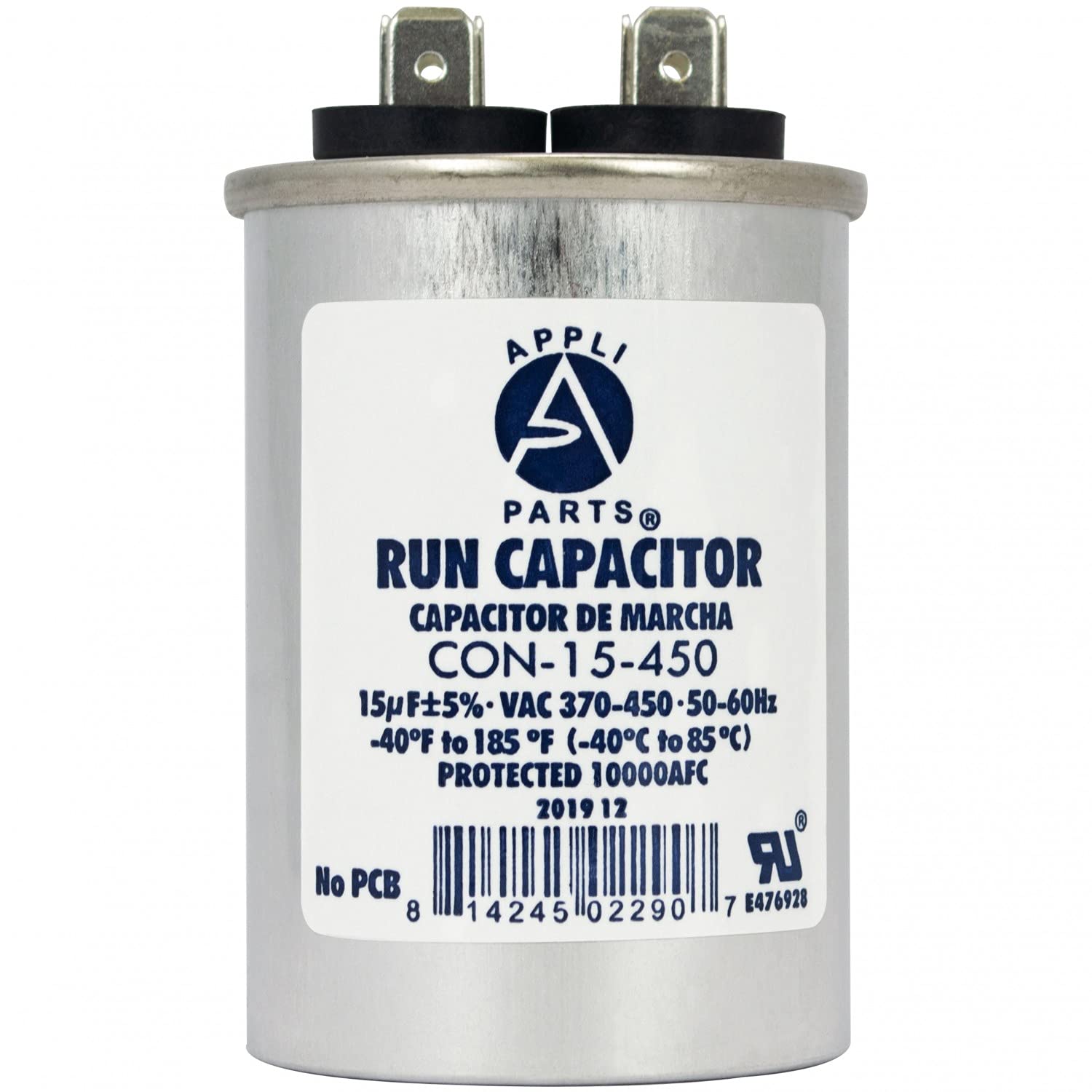 AP APPLI PARTS Run Capacitor for ac 15 Mfd uF (microfarads) 370 VAC or 450 VAC CBB65 Round Universal fit for hvac and other applications 3 in High 1-5/8 in Wide CON-15-450