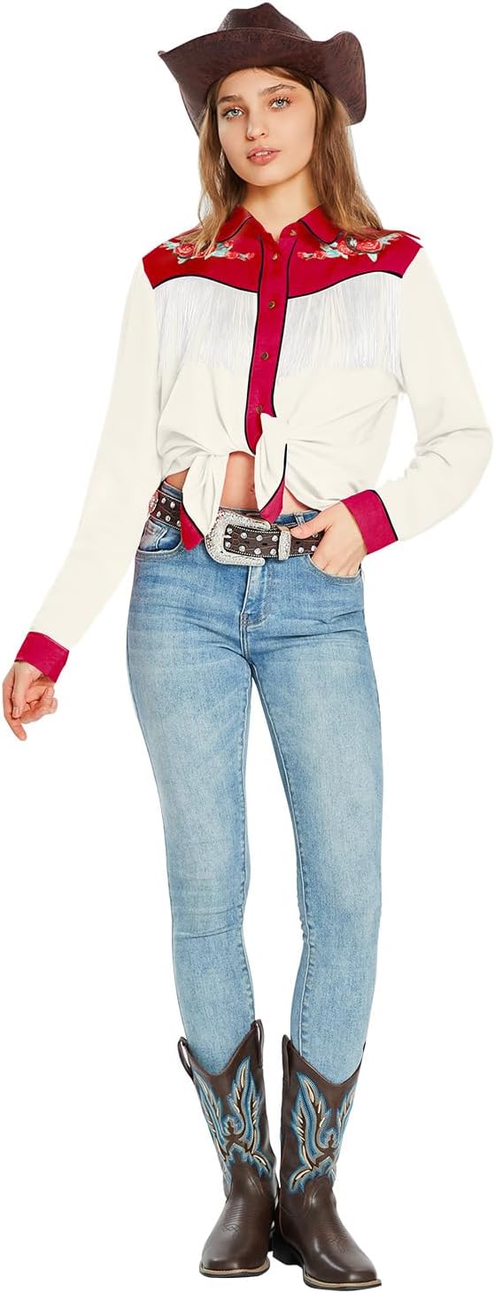 JOHN MOON Women's Fringe Western Shirts Floral Embroidered Button Down Shacket Rodeo Cowgirl Country Top Long Sleeve - Image 4