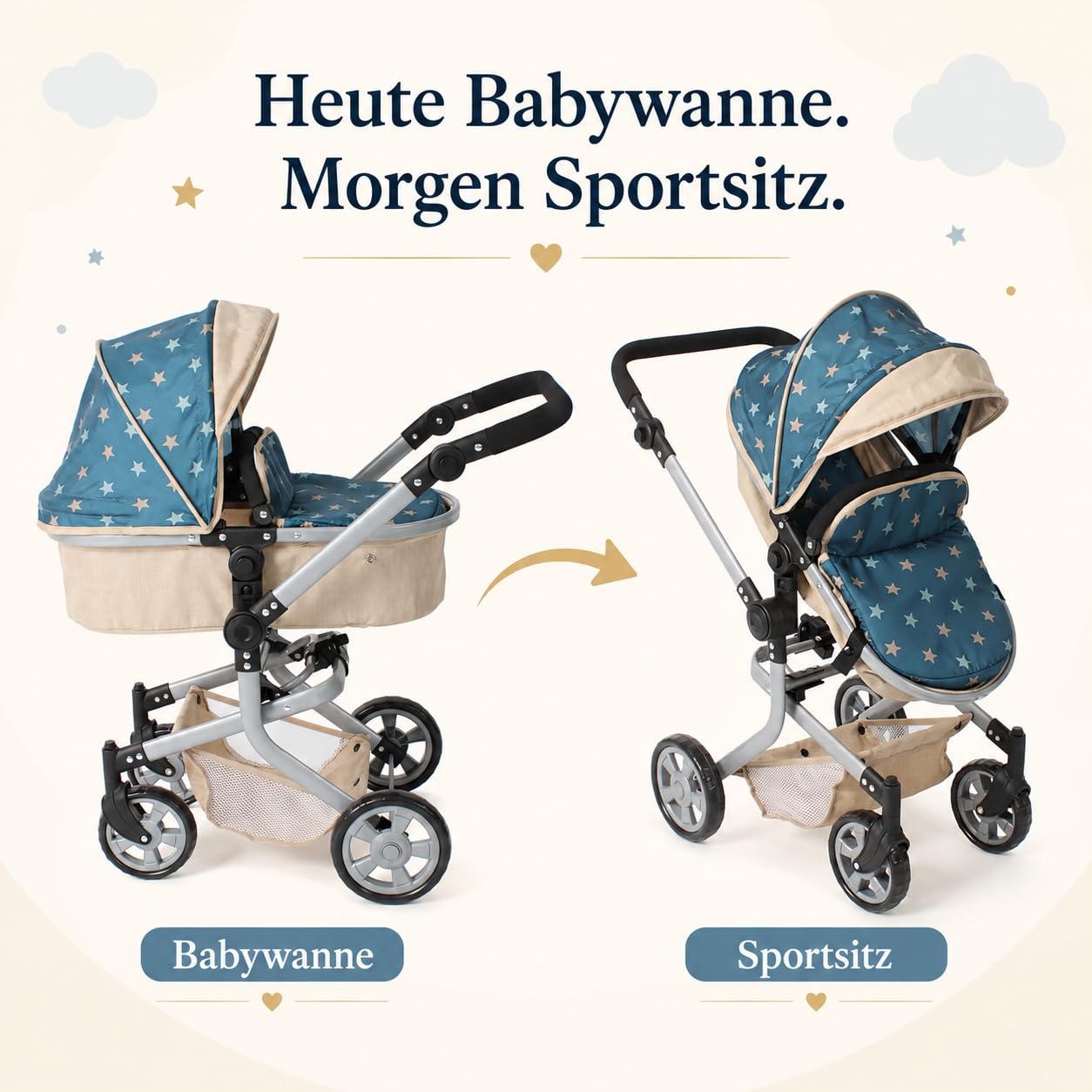 Bayer Chic 2000 Cochecito Muñecas 2en1 Mika | Manillar Regulable 47-80 cm | Cochecito de muñecas premium 2en1 convertible con manillar ergonómico y ruedas giratorias. Robusto y de larga vida útil.