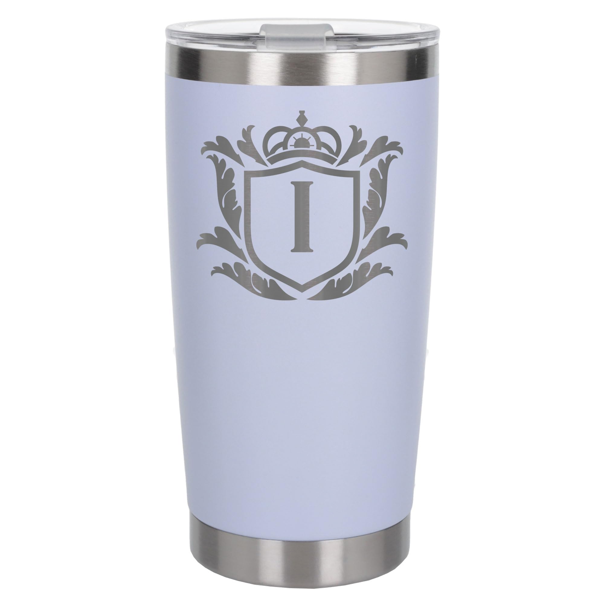 Customised Gifts 500ml Engraved Shield Initial Monogram Insulated Personalised White Travel Mug for Men and Women - Personalised Initial Coffee Travel Mug for Hot and Cold Beverages, Letter I