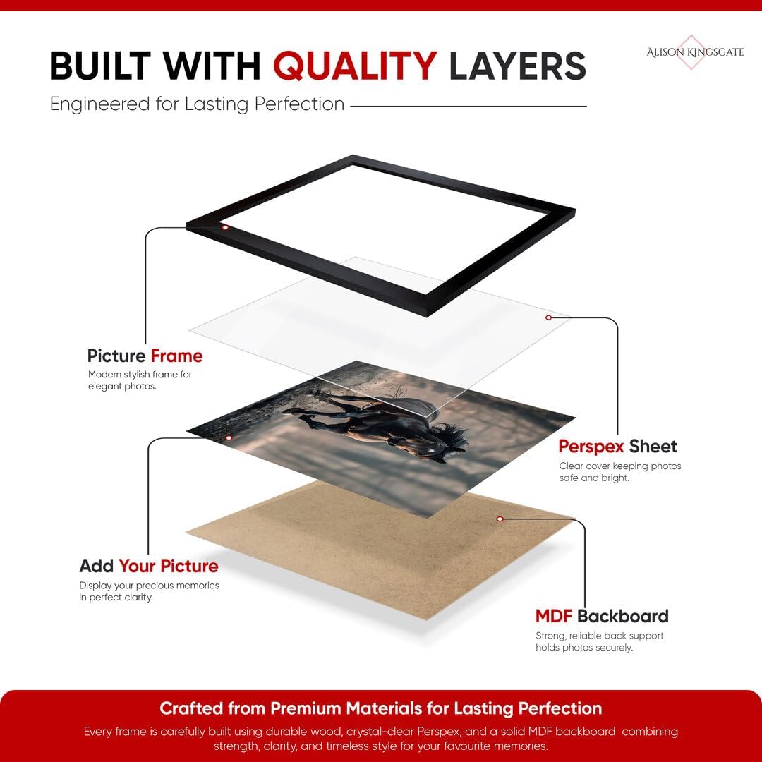 Alison Kingsgate Sleek 12X8 Picture Frame - Engineered Wood with Shatterproof Perspex Front -Perfect for Photos, Posters, Certificates -Suitable for Wall Mount or Tabletop Display - Black - 4