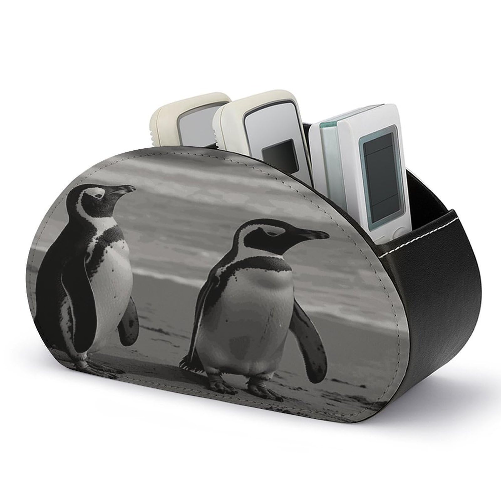 JTREHY Penguin Standing on The Beach Remote Control Holder 5 Compartments Remote Caddy Tray PU Leather TV Remoter Storage Box Bedside Table Storage Organizer Office Desk Storage Case