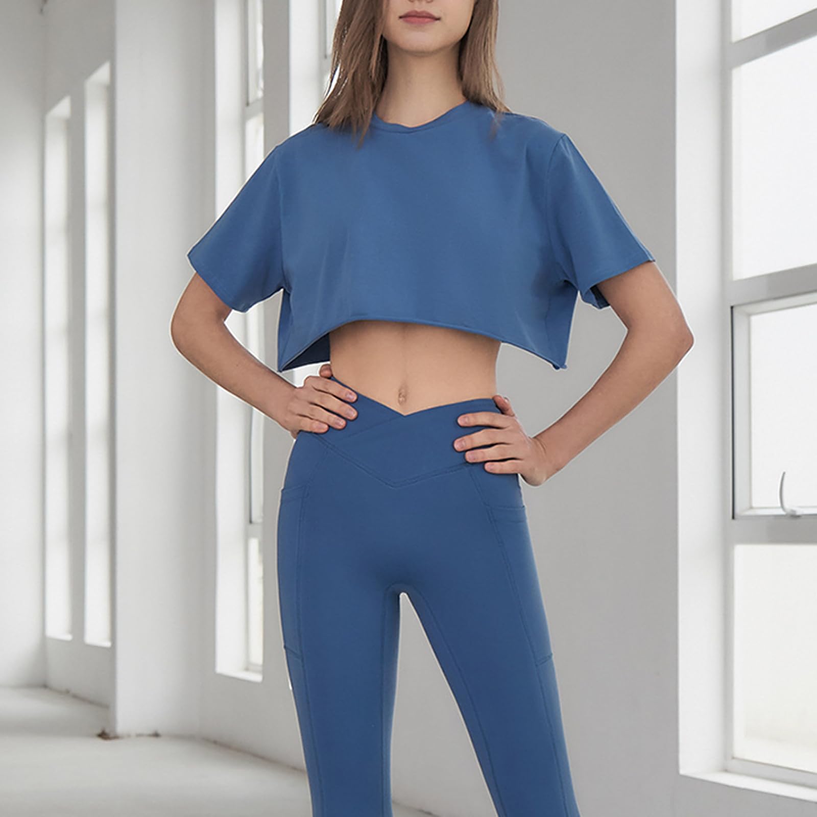 Damskie Sportowe Topy Slim Fit PrzycięTe Topy Do Jogi T Shirt Cover Ups,Blue,S