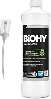 BiOHY Pulitore per griglie (Bottiglia da 1l) + Distributore | etergente per barbecue a carbone, a gas ed elettrici, schiuma attiva contro grassi e oli bruciati (Grillreiniger)
