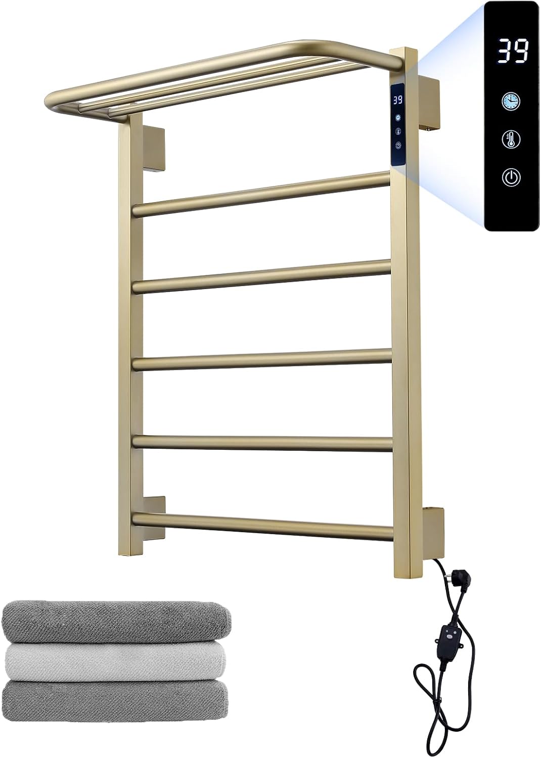 Modern Electric Towel Warmer, Wall Mounted Heated Towel Rack in Brushed Gold, Smart Temperature Control with LED Display