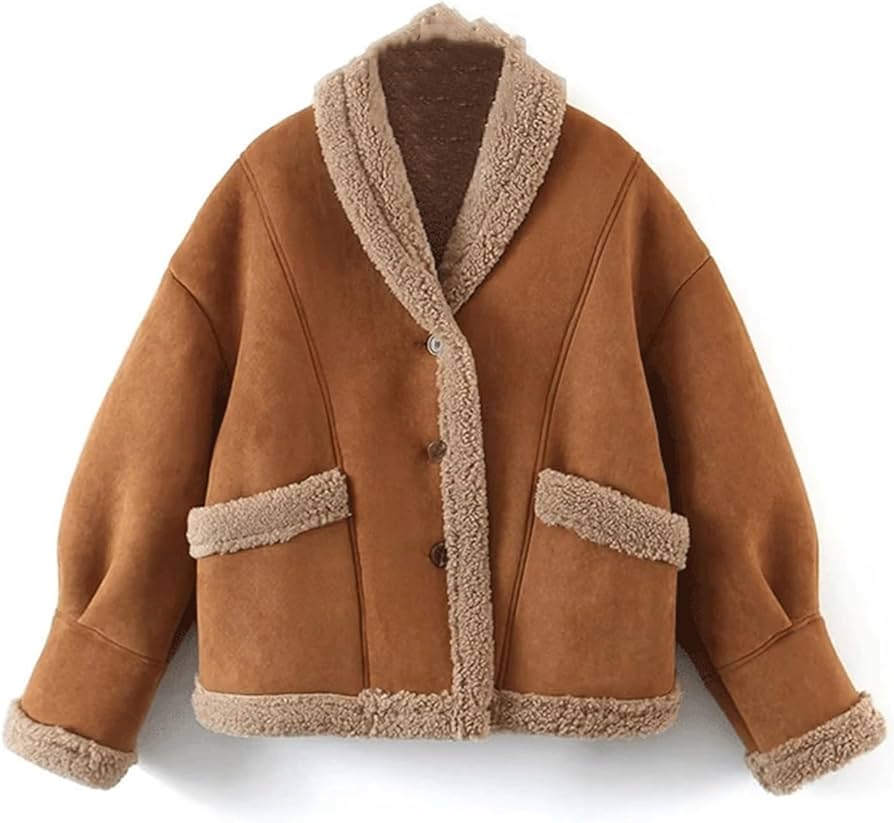 Amazon.com: ZUIAI Suede Lamb Coat Jacket Women Lapel Long Sleeve