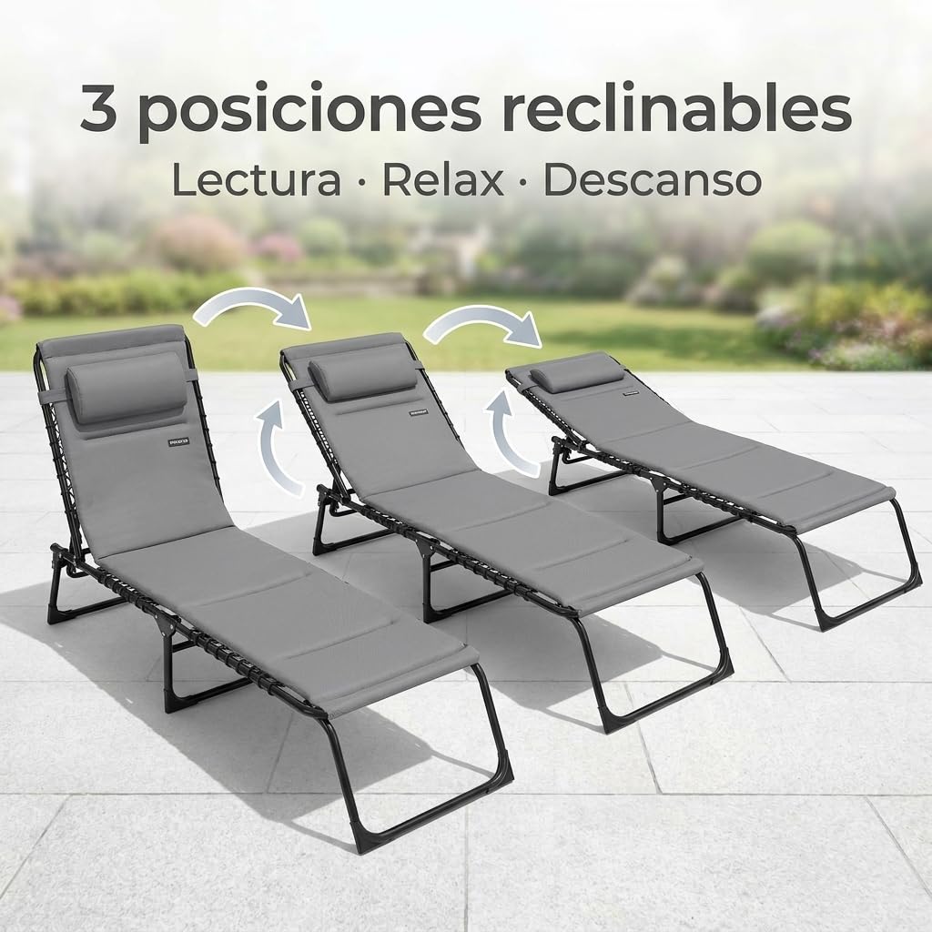 Pincho Tumbonas Jardin Exterior Hamaca Jardin, Chaise Longue Exterior, Tumbona Plegable Acolchada con Cojin Cervical, Hamaca Reclinable - 3 Posiciones, Estructura Metalica