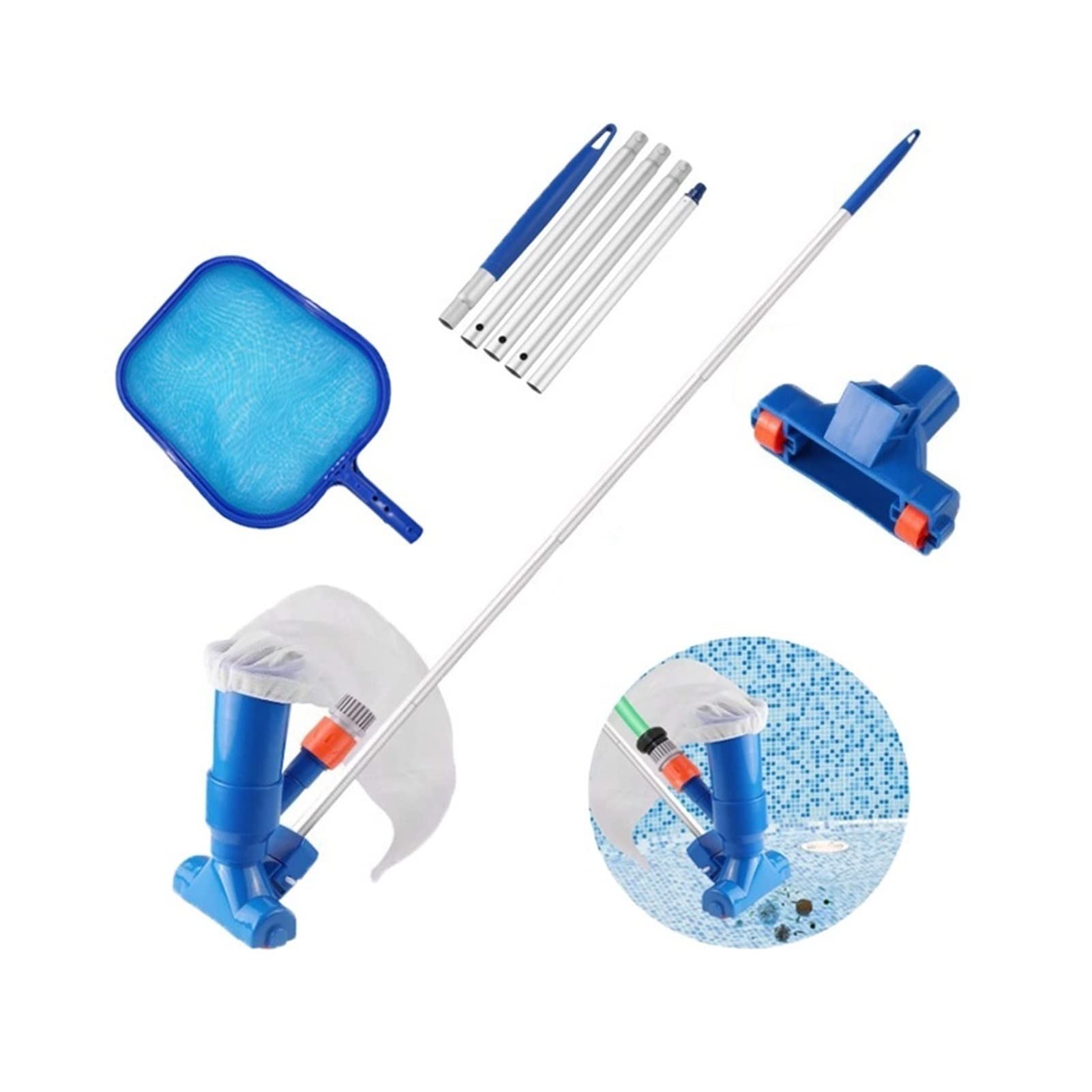 Kit de limpieza de piscina al aire libre, juego de aspiradora de red, herramienta de skimmer para una limpieza eficiente del fondo de la piscina, incluye accesorios esenciales para un uso fácil