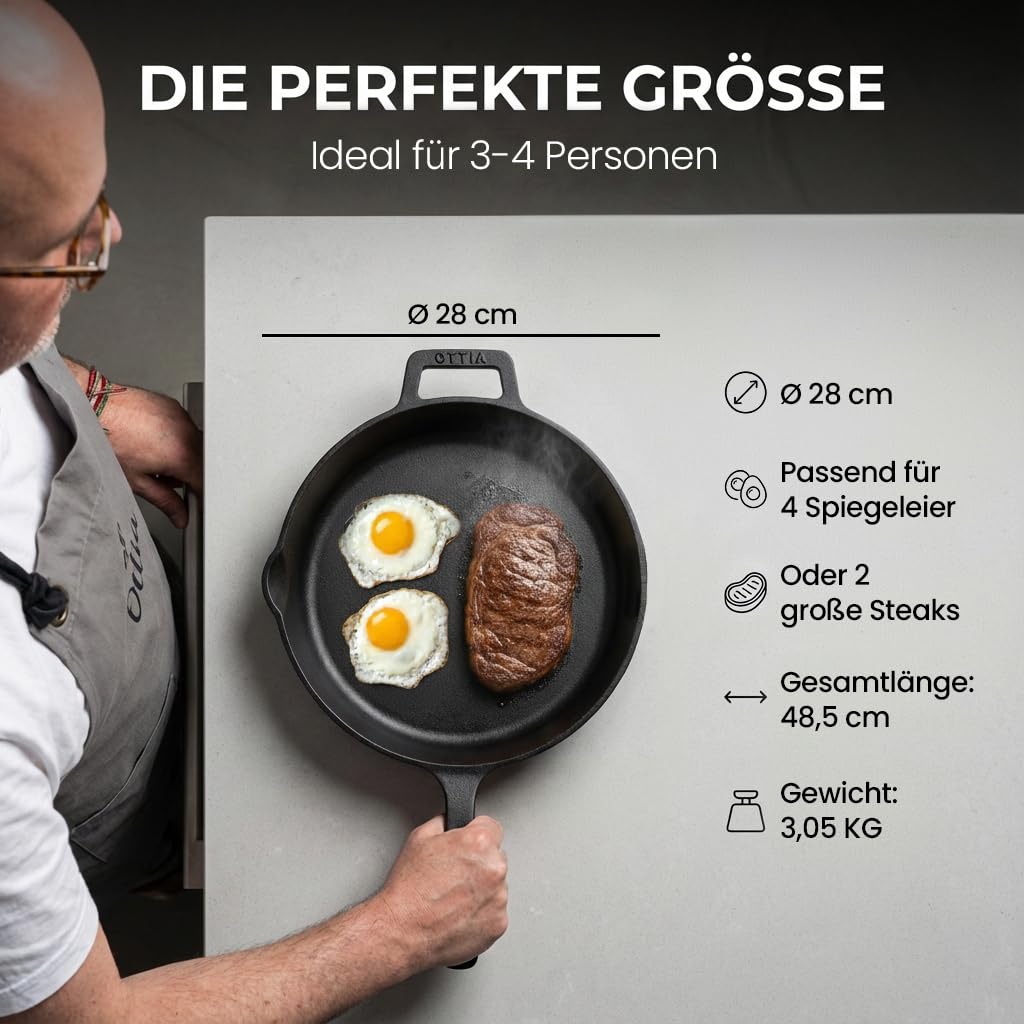 Ottia reine Gusseisenpfanne Induktion 28cm (ungeschliffen), mit eKochbuch, Pfannenwender, waschbarem Hitzeschutz, Gusseisen, Eisenpfanne, Cast Iron Pan, Händler aus Hamburg
