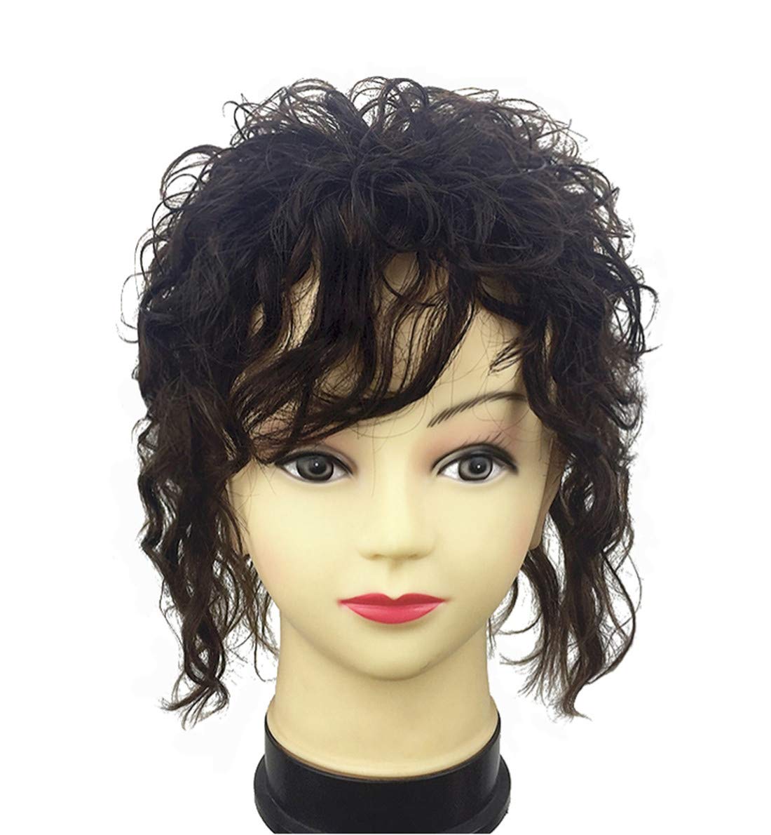 LXUE Clip in Real Human Hair Natural Curly Topper Hairpiece with Bangs for Women with Thinning Hair, Black Brown