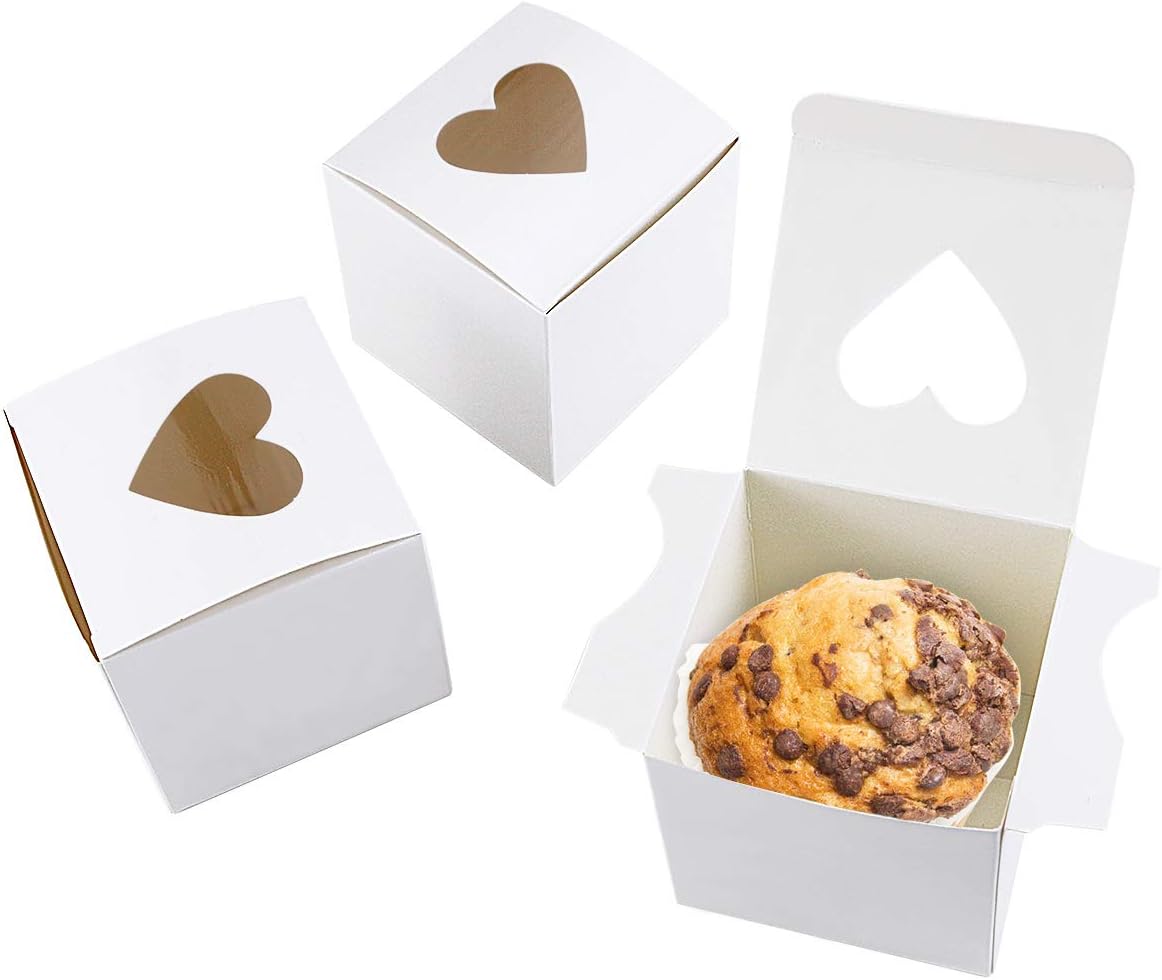 50 Pack 3" Mini Individual White Cupcake Box with Heart Shaped Window,Small Single Favor Bakery Candy Paper Box Container for Mini Cake Cupcake Cookie Dessert Pastry Wedding Valentine's Day