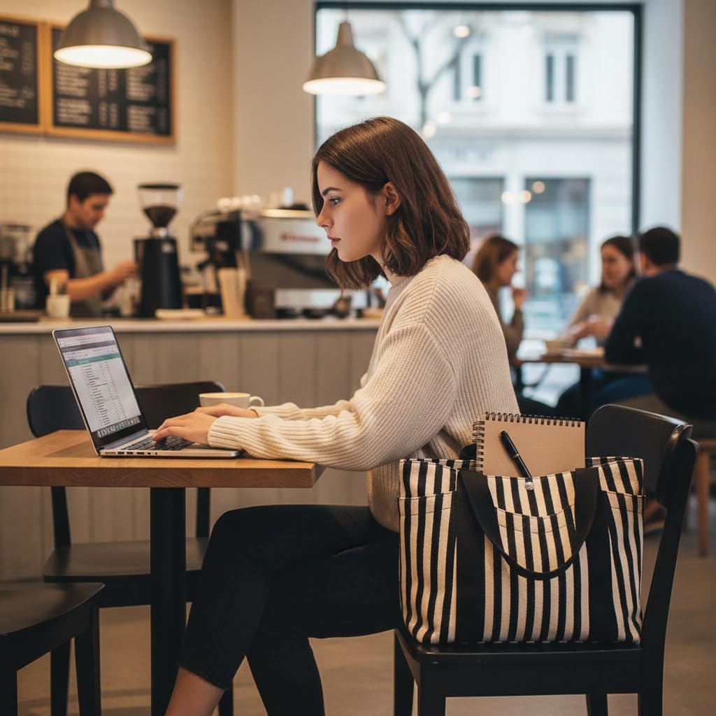 Canvas Tote Bag for Women, Striped Shoulder Handbag With Multi-Pockets & Zipper, Daily Purse for Work, Tavel, Gym