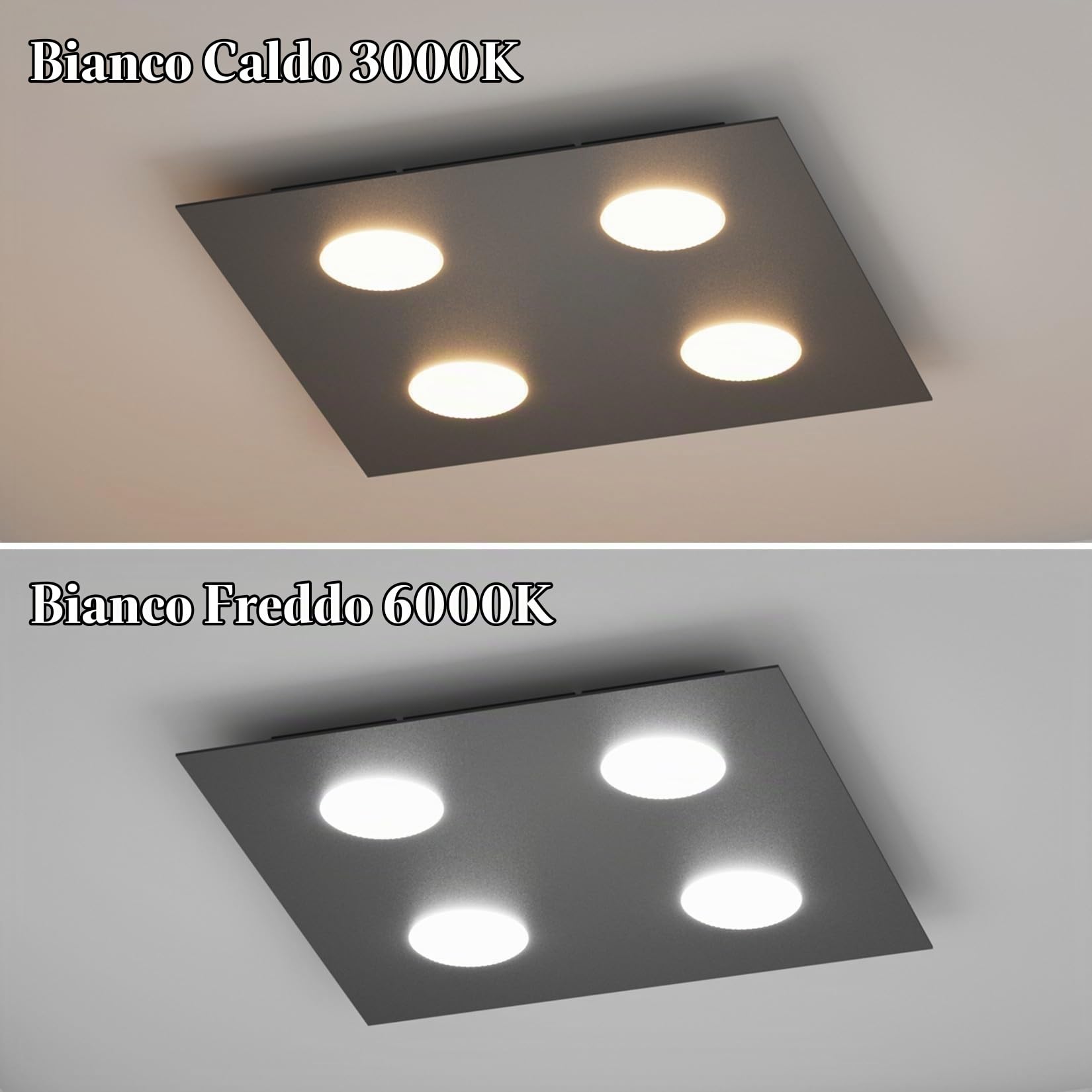 Klighten Plafoniera Soffitto con 4 Attacco GX53, Lampada da Soffitto Quadrata In Ferro, Faretti Soffitto per Soggiorno Cucina Corridoio Camera da Letto, 40 x 40 cm, Nero, Lampadina Non Inclusa