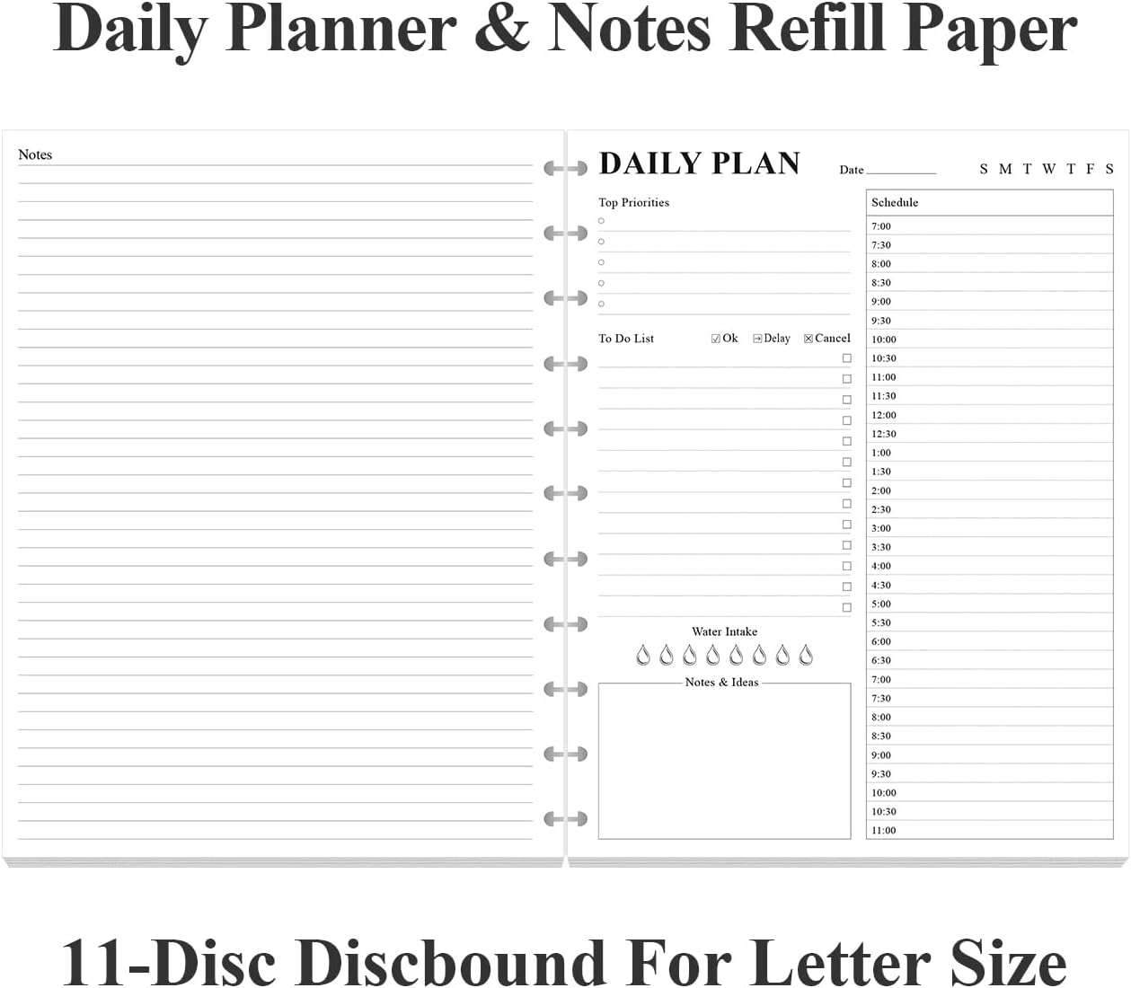 (2-Pack) Undated Daily Planner Refill - 11 Disc Discbound To Do List Refills, Letter Size 200 Sheets/400 Pages Planner and Lined Refill, Day Planner Insert, 100 gsm White Paper, 8.5'' x 11''