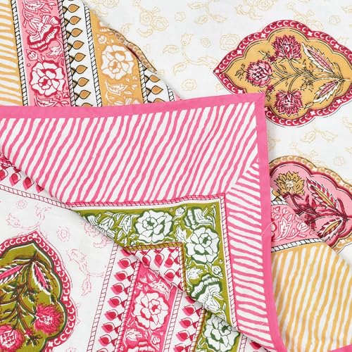 Image of BLOCKS OF INDIA 100% Cotton Dohar King Size Reversible Hand Block Printed Malmal Summer Dohar /Blanket (Pink Rose)-300 TC