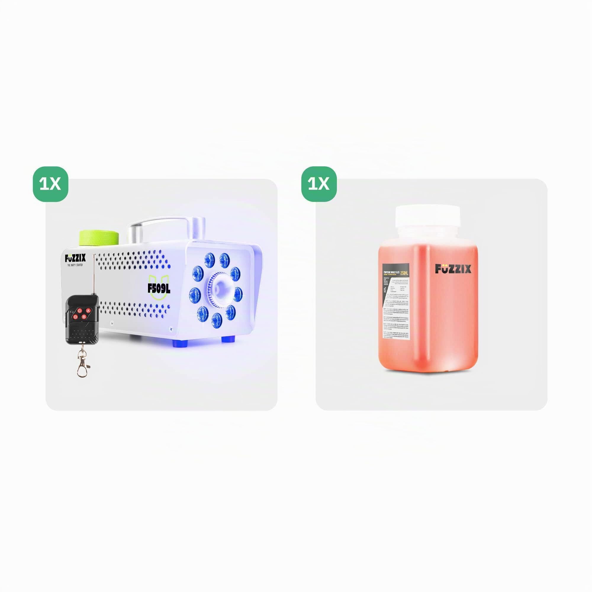 Fuzzix F509LW Nebelmaschine Mini mit LED Lichteffekt und 250ml Nebelfluid, 500 Watt mit Fernbedienung, Rauchmaschine Party, Smoke Machine mit 9 LEDs RGB für Hochzeiten, Halloween, Partys, Bars, Weiß