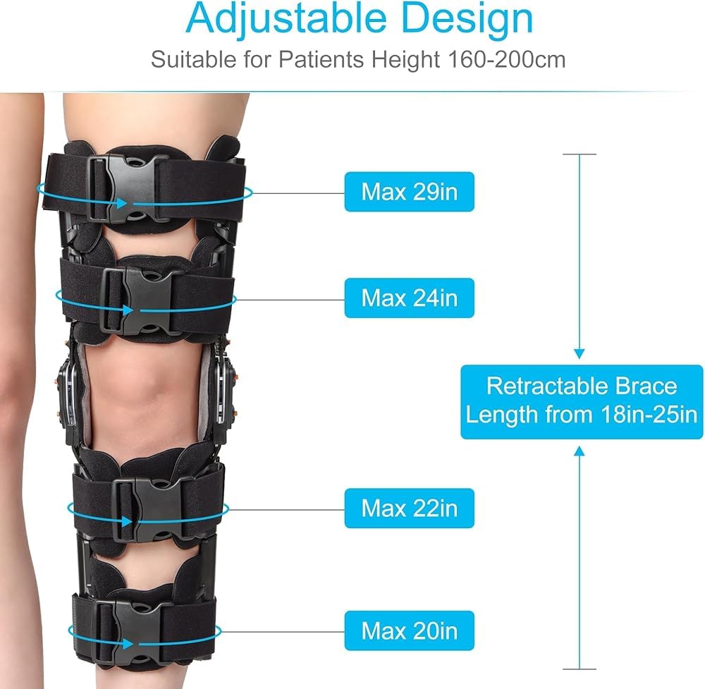 Ginocchiera regolabile incernierata con blocco ROM e stabilizzatori laterali - Supporto post-operatorio ACL/PCL/MCL, immobilizzatore ortopedico per gamba sinistra per uomo/donna, lesioni sportive e