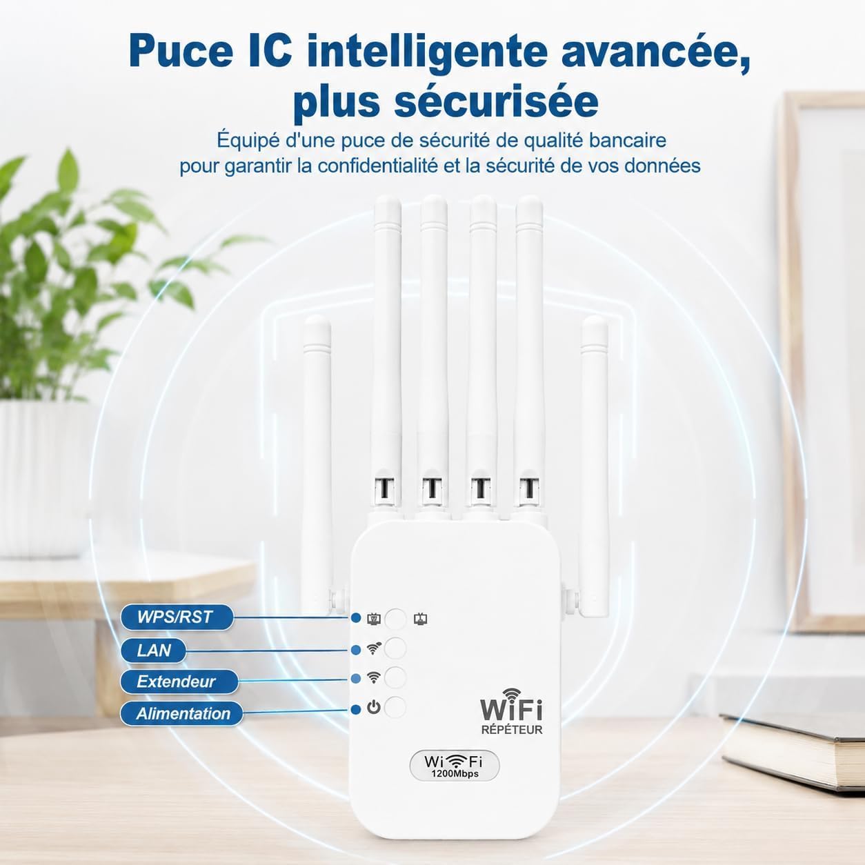 Répéteur WiFi 1200 Mbps Amplificateur WiFi Double Bande 5 GHz & 2,4 GHz avec WPS 6 Antennes 2 Ports Gigabit Ethernet