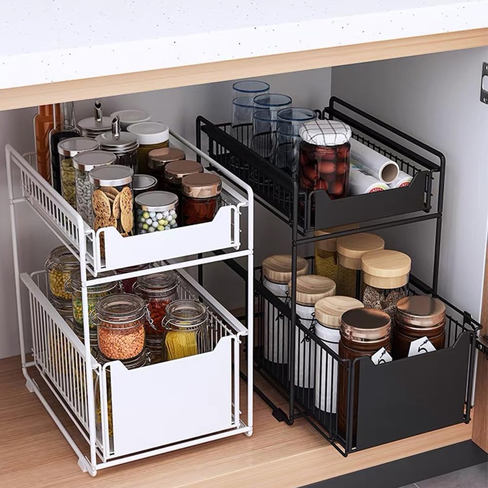 OHMG - Organizadores bajo fregadero de doble nivel, almacenamiento bajo fregadero, estructura de acero al carbono reforzado, almacenamiento y organización para cocina, cuarto de baño, lavadero