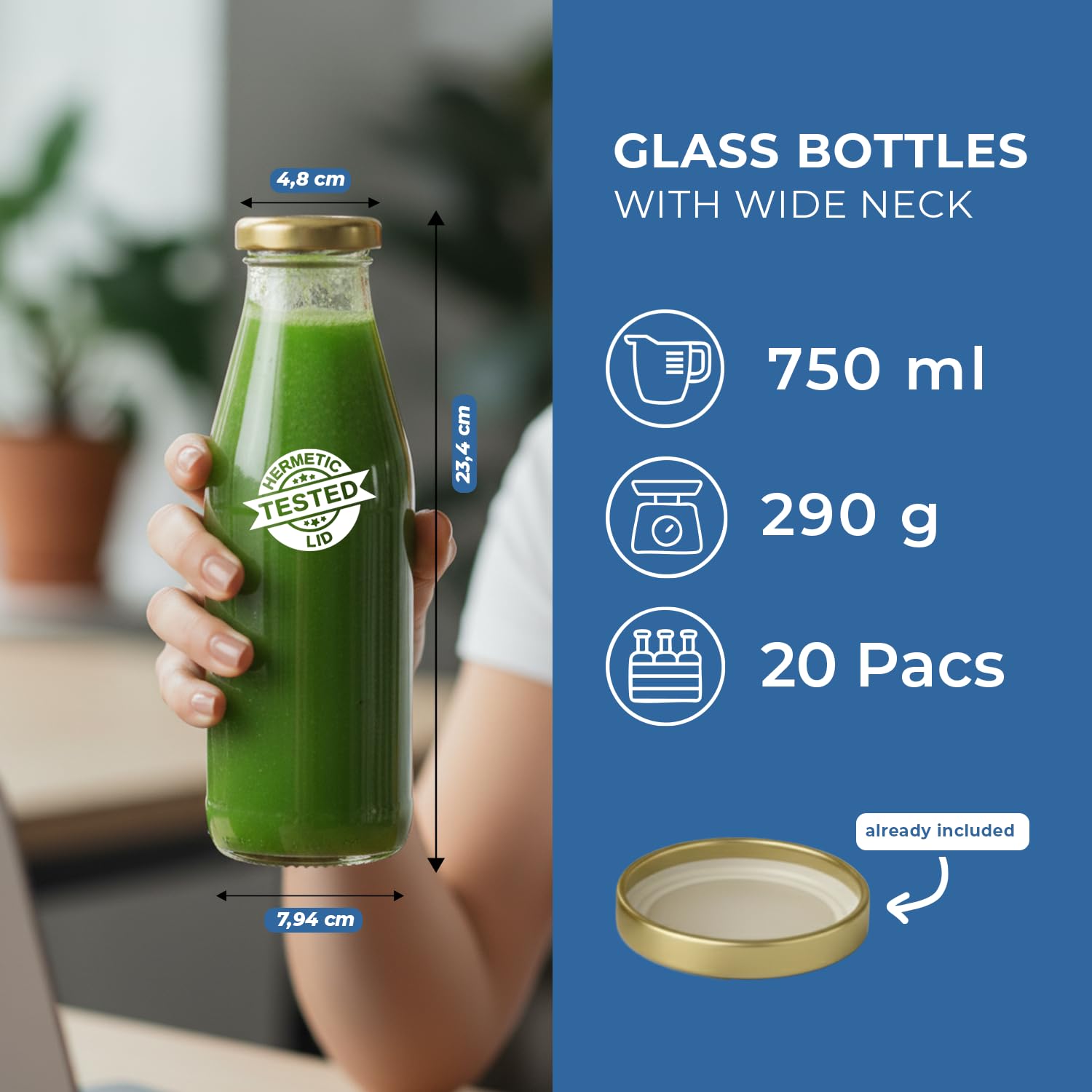 Espirito Rebelde - 20 Botellas de cristal vacías de 750 ml con tapa | Botellas de cristal para jugo, leche, barbacoa, salsas | Ideal para picnics, bodas y fiestas