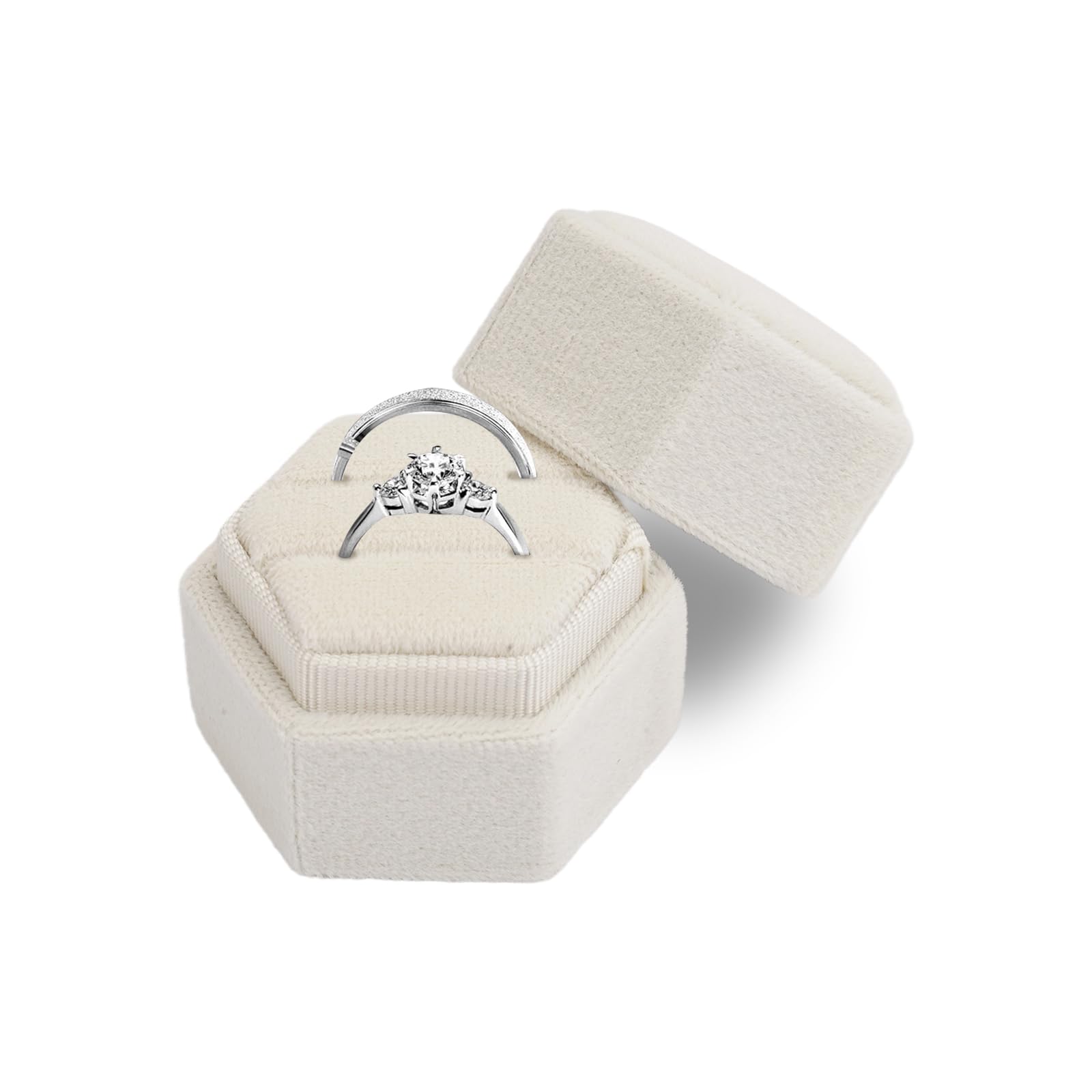 Rairsky Caja de Anillo de Terciopelo, Hexagonal de Doble Ranura Caja Anillo Compromiso, Caja Anillos Boda con Tapa Extraíble, Joyero para Anillo, Porta Alianzas Boda Adecuado para Propuestas, Compromisos