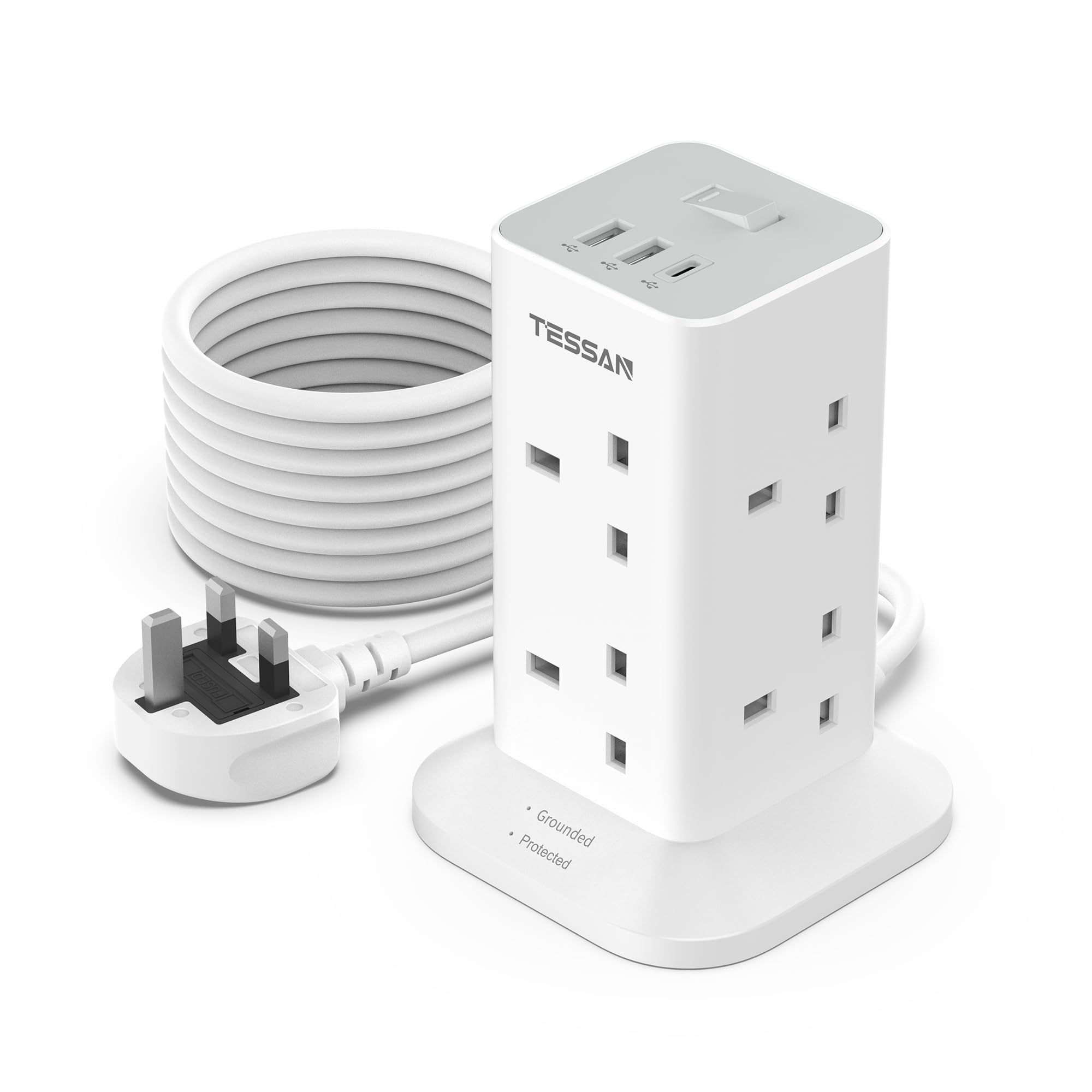 Tessan Gray Tower Extension Lead 5M With Usb C Slots