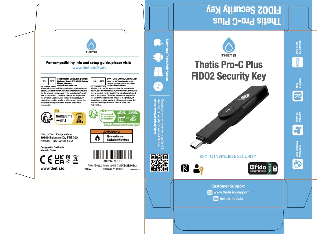 Llave de Seguridad Thetis Pro-C FIDO2 (L2) con USB C y NFC, autenticador TOTP/HOTP App, autenticación de Dos factores FIDO 2.0 2FA MFA, Compatible con Windows/macOS/Linux/Gmail/Facebook/Dropbox