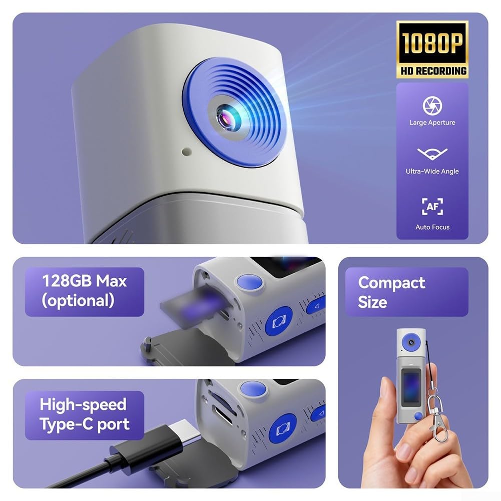 2K 1080HD per mini fotocamera portachiavi, action camera portatile con obiettivo rotante a 270°, regalo premuroso per ragazzi, ragazze, adulti, principianti (grigio)