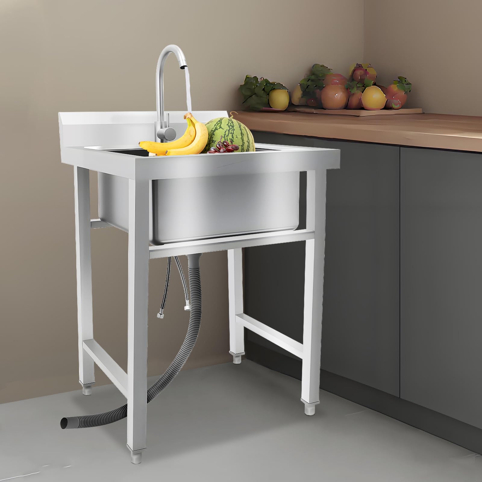 Lavandino singolo in acciaio inox con supporto, per la casa, semplice lavandino con rubinetto, pratico lavandino multiuso autoportante per lavanderia/cortile/garage