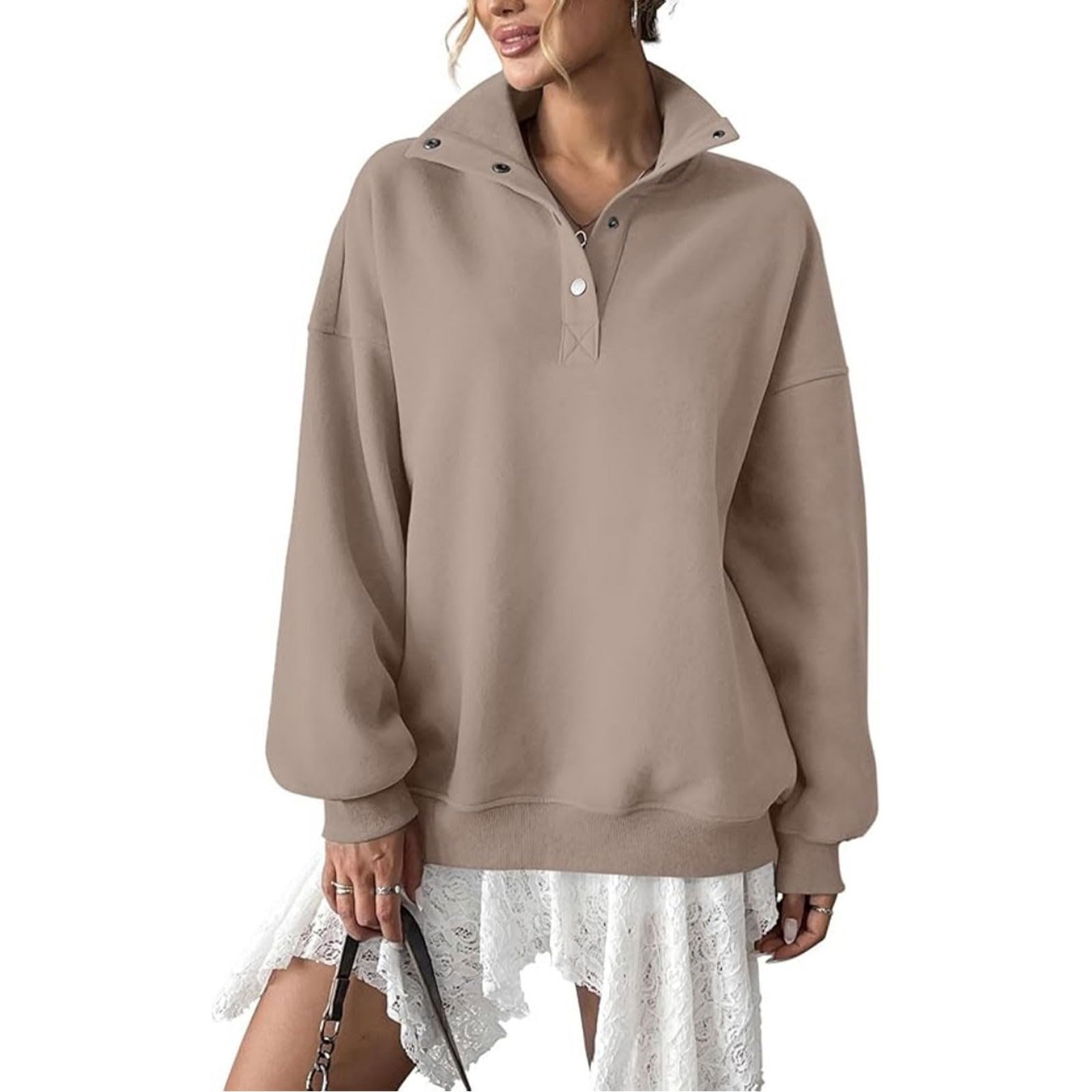 Generico Sudaderas Mujer Sin Capucha Cuello Alto con Botones Manga Larga | Sudadera lisa elegante y ligera, suave y cómoda, ajuste holgado, para llevar todos los días