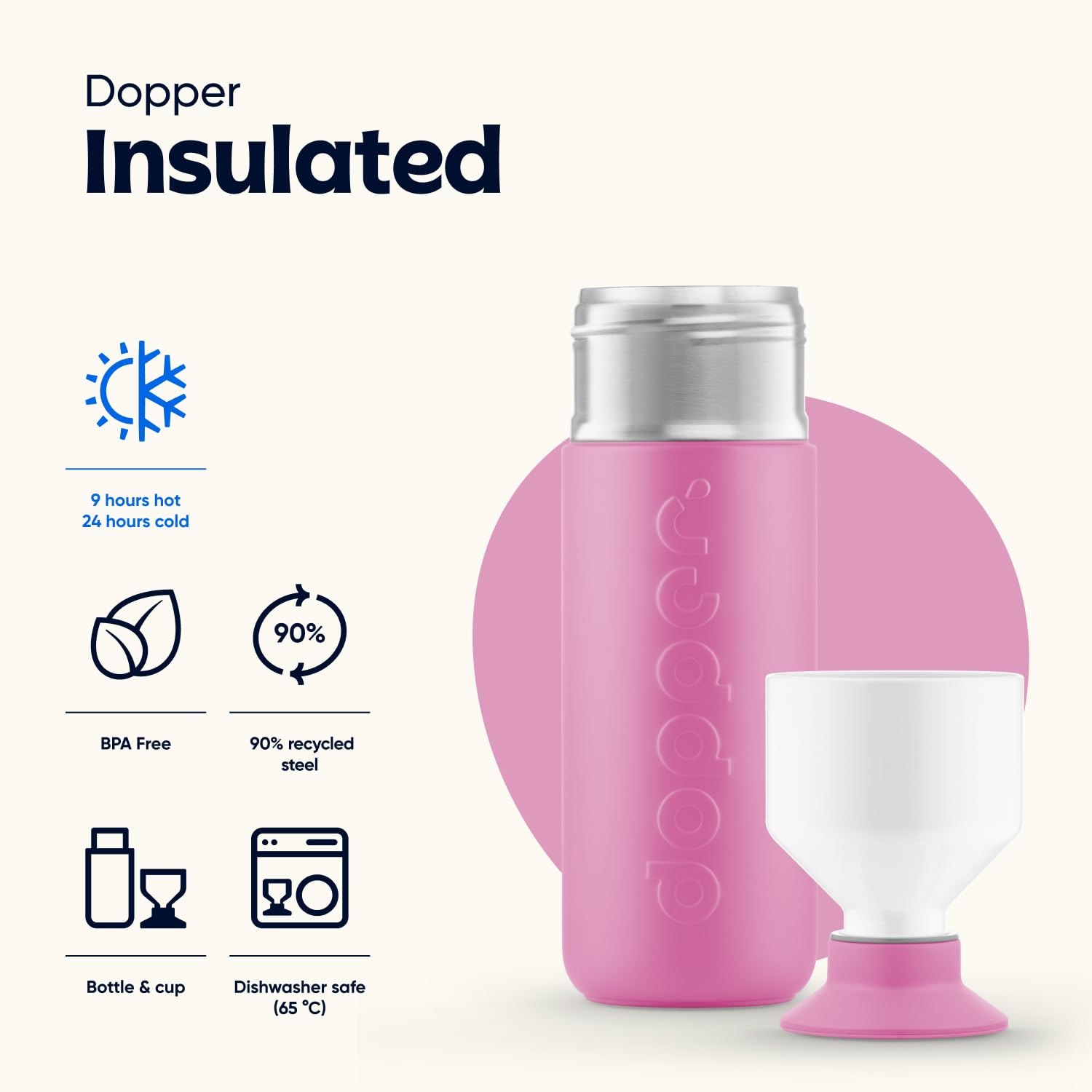 Dopper Insulated Thermo Bottle 580ml Pelican Pink, Double-Walled, Leak-Proof, Keeps Cold for 24h/hot for 9h - Image 3