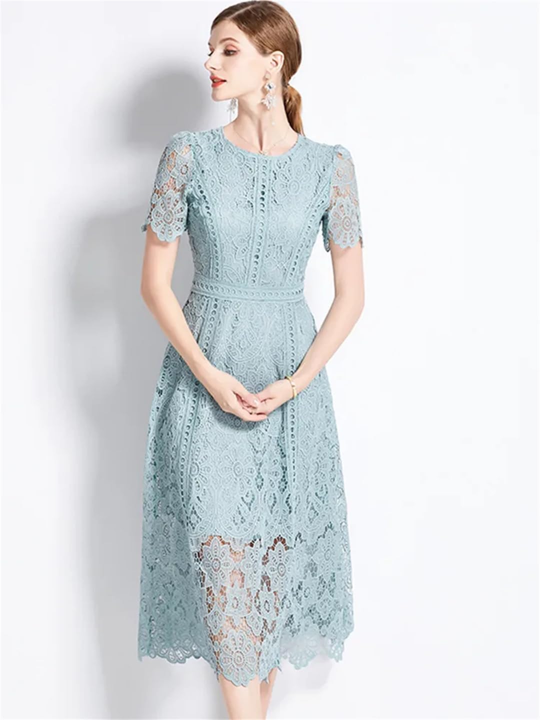 Womens Vintage High-End O-Neck Short Sleeve Lace Hollow Out Dress Slim Elegant Long Dress