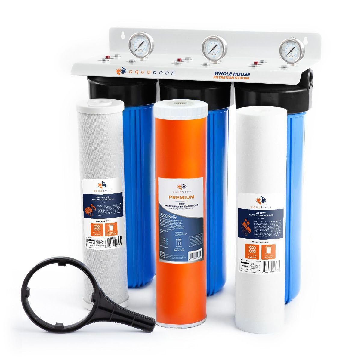 Aquaboon 3-Stage Whole House Water Filter System with 5 Micron 20x4.5 Reducing Sediment and KDF Heavy Metals Water Filter Purification Cartrige, Pressure Gauges, Wrench, Bracket
