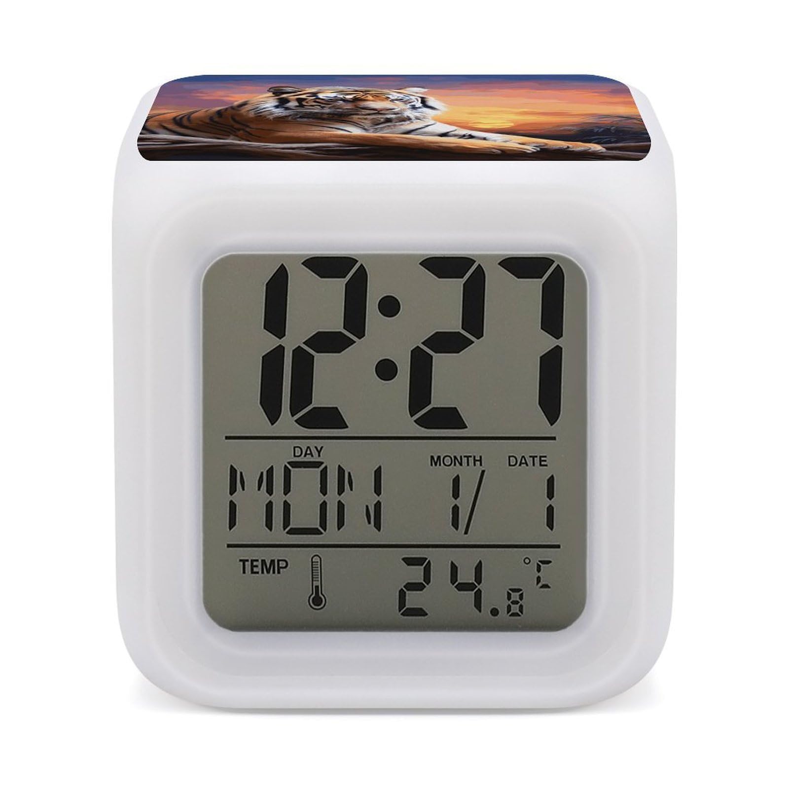 VstaDank Tiger Colorful Sunset Alarm Clock with 7 Color Changing Night Light Date Temp Display Wake Clocks LED Display Digital Clock Electric Desk Clocks for Living Office Bedroom Decor