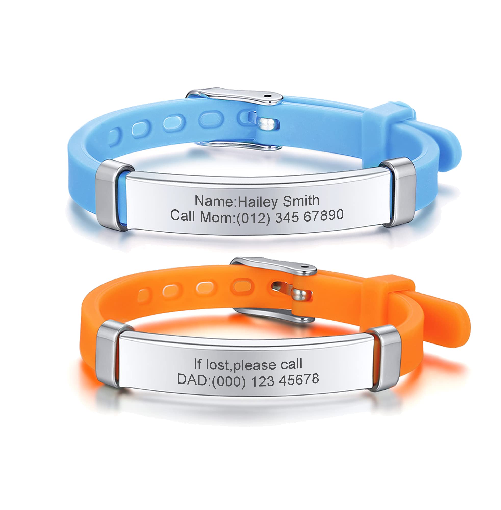 Pack of 2 Assorted Color Personalised Stainless Steel Soft Silicone Child Safety ID Bracelets Adjustable Anti-Lost ID Wristbands for Kid Girls Boys