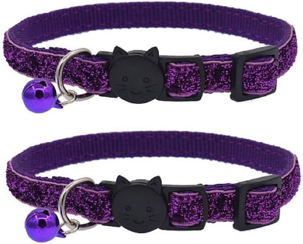 ZACAL Glitter Cat Collars With Bell & Quick Release Safety Buckle, Adjustable and Suitable For All Domestic Cats & Larger Kittens (PURPLE/PURPLE (2pk))