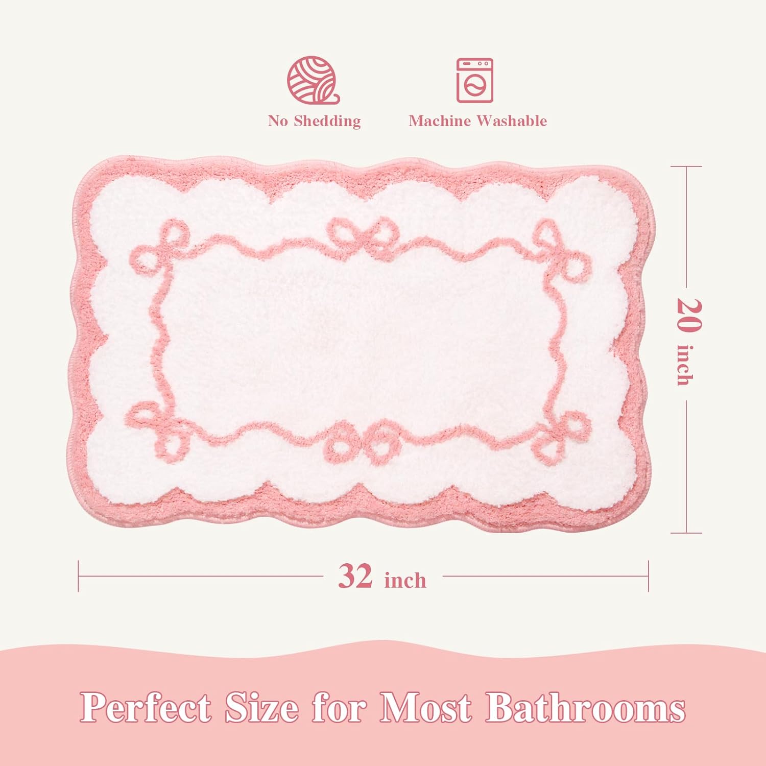 Pink Scalloped Bow Bathroom Rug - Cute Coquette & Preppy Bath Mat for Apartment, Vanity & Dorm, Soft Plush Microfiber Mat, Non-Slip & Washable (32×20 inch) White and Pink