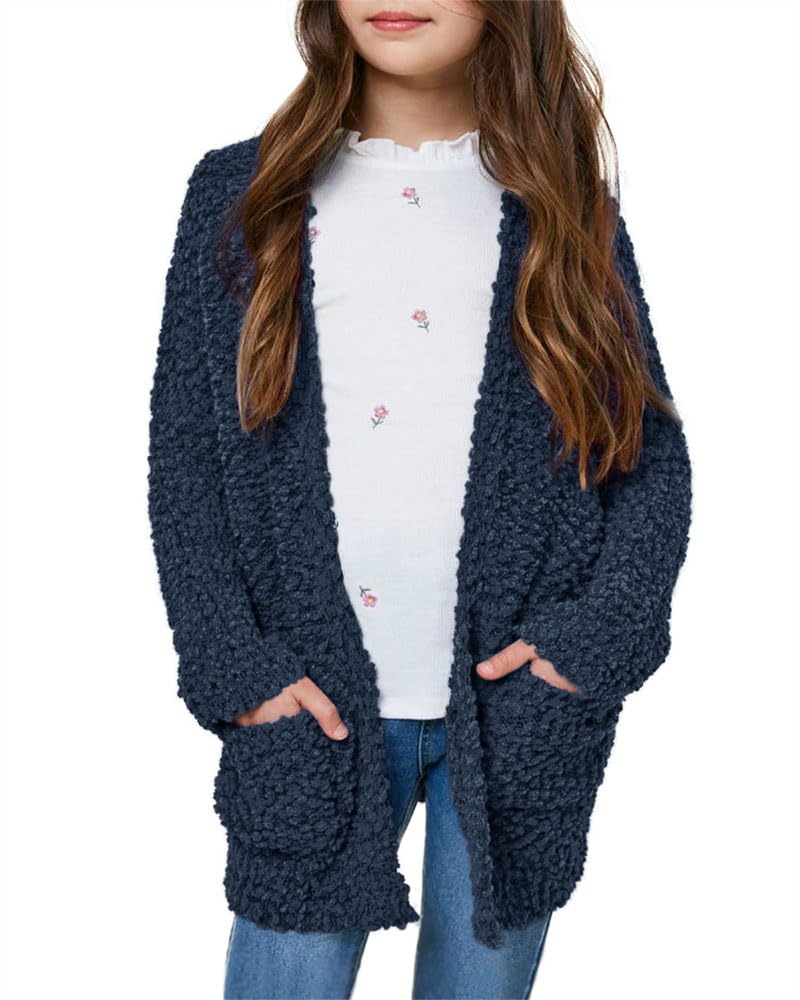 Imily Bela Girls Cardigan Open Front Popcorn Knit Long Sleeve Sweaters Coat