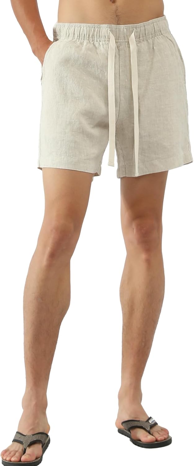 Mens 100% Linen Shorts 5.5 Inch Inseam Relaxed Fit Casual Lounge Shorts with Elastic Drawstring Waist and Pockets