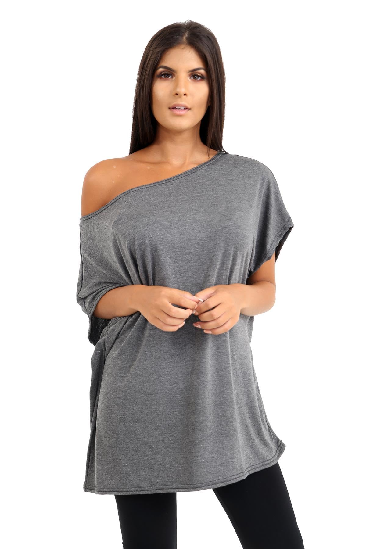 Hamishkane Women's Charcoal Hamishkane® Bardot Baggy Style Oversized T Shirt For - New Plain Off The Shoulder Batwing Top, Fashionable Tops For Casual Party Wear